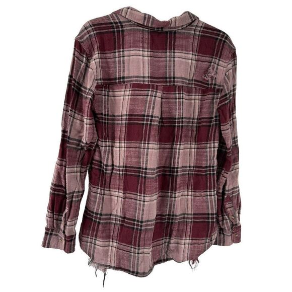 American Eagle Flannel Top Distressed Red Oversized Fit Lace Up V Neck Size S - Picture 2 of 8